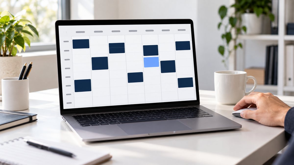 Un portátil con la agenda de la semana abierta sobre una mesa de trabajo